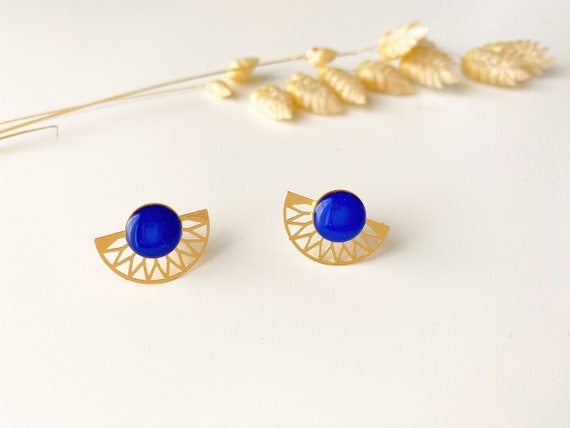 2 in 1 graphic royal blue lapis lazuli earring, modifiable fan stud, LILI model, 24k fine gold