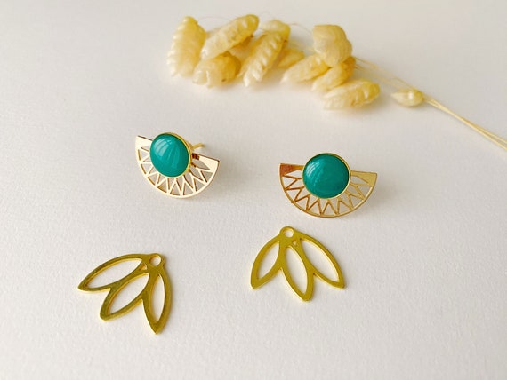 4 in 1 graphic blue green earring, modifiable petal fan stud, LILI-FLEUR model, gilded with 24k fine gold