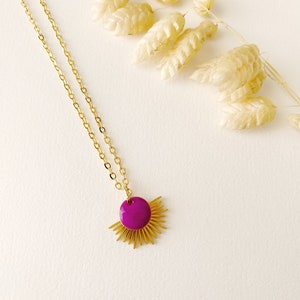 Purple choker necklace with sun pendant, fan, LYSA model, 24K fine gold creole, Christmas gift image 3
