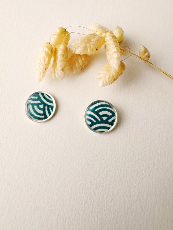 Round green stud earrings, heart stud, MIYAKO model, gilded with 24k fine gold