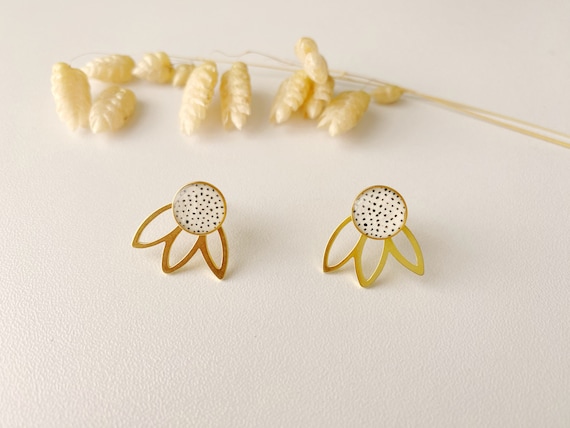 White graphic black polka dot earring 2 in 1, editable petal fan stud, FLOWER model, gilded with 24k fine gold