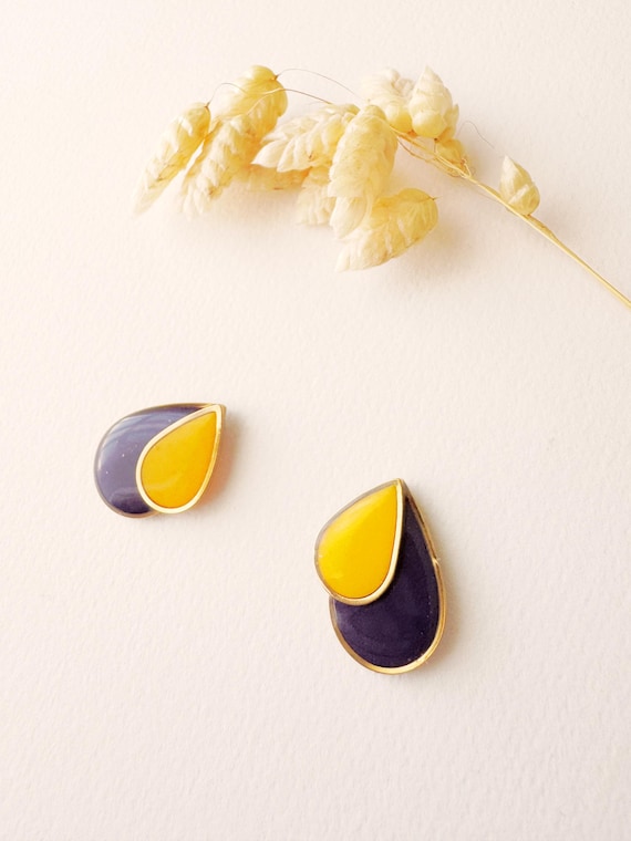Yellow and navy blue drop stud earrings, heart stud, ROSALIE model, stainless steel gilded with 24k fine gold