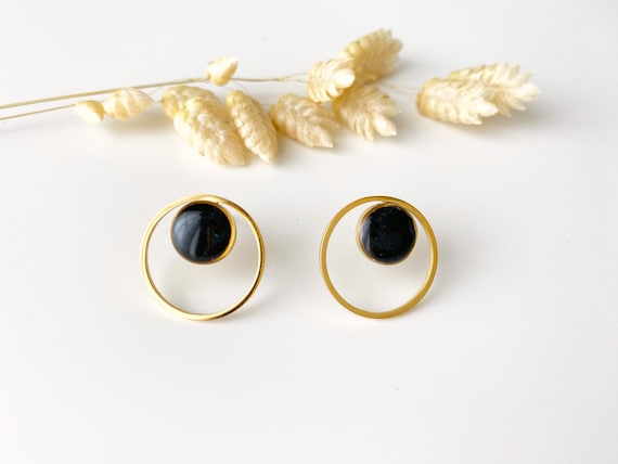 Black graphic stud earring, art deco circle design, LUCE model, stainless steel