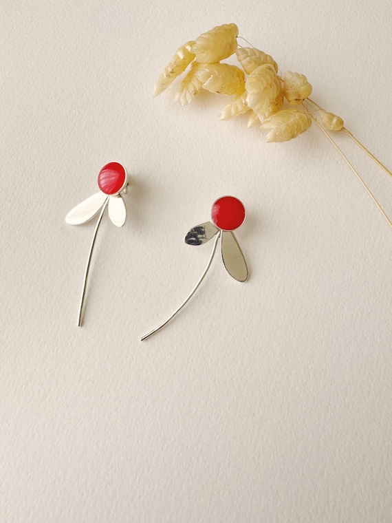 3 in 1 graphic red earring, modifiable flower stud, ZOE model, 925 fine silver