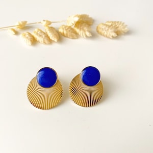 Royal blue lapis lazuli graphic earring, round art deco stud, CELESTE model, stainless steel image 10