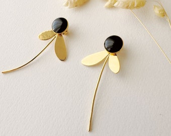 Boucle d'oreille noire graphique 3 en 1, clou puce fleur modifiable, modèle ZOE, or fin 24k