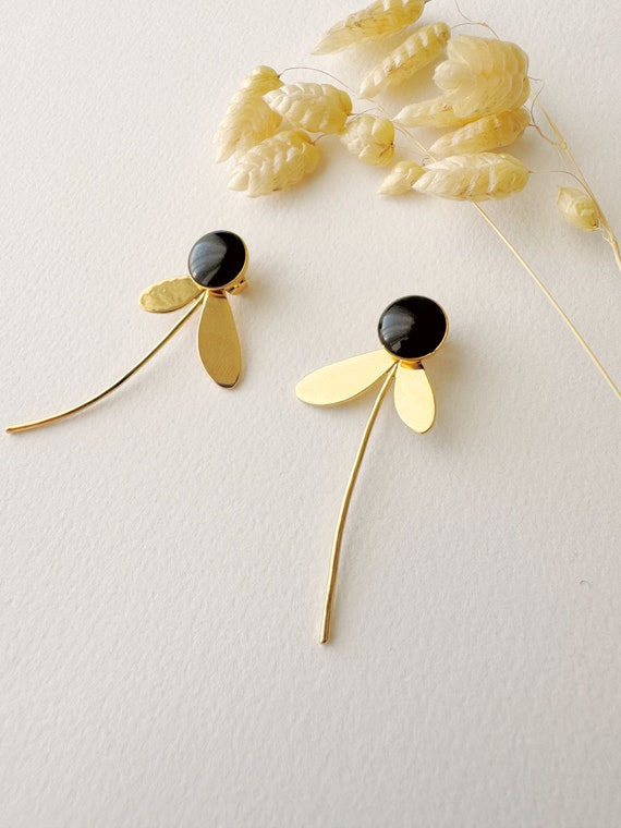 3 in 1 graphic black earring, modifiable flower stud, ZOE model, 24k fine gold
