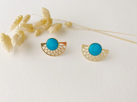 2 in 1 graphic turquoise blue earring, modifiable fan stud, LILI model, 24k fine gold