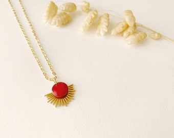 Red choker necklace with sun pendant, fan, LYSA model, 24K fine gold creole