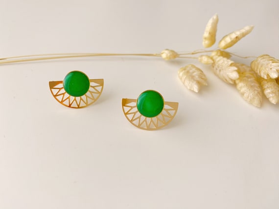 2 in 1 graphic green earring, modifiable fan stud, LILI model, 24k fine gold