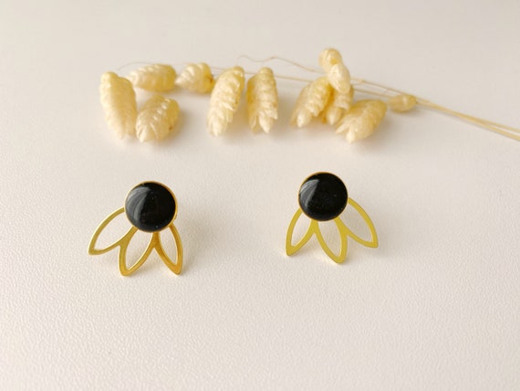 2 in 1 graphic black earring, editable petal fan stud, FLEUR model, gilded with 24k fine gold