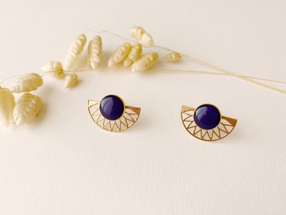 2-in-1 graphic eggplant purple earring, modifiable fan stud, LILI model, 24k fine gold