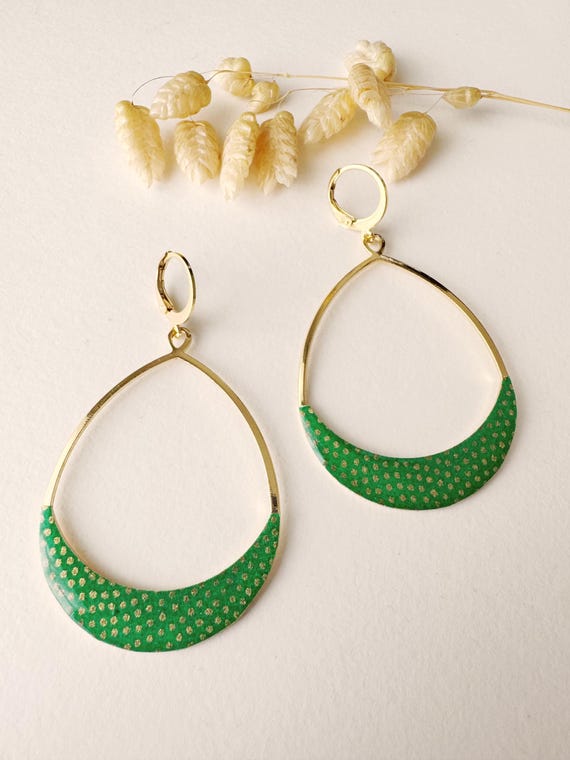 Green earrings with gold polka dots, original hoop earrings, drop, boho, SALSA model, women's jewelry, 24k fine gold