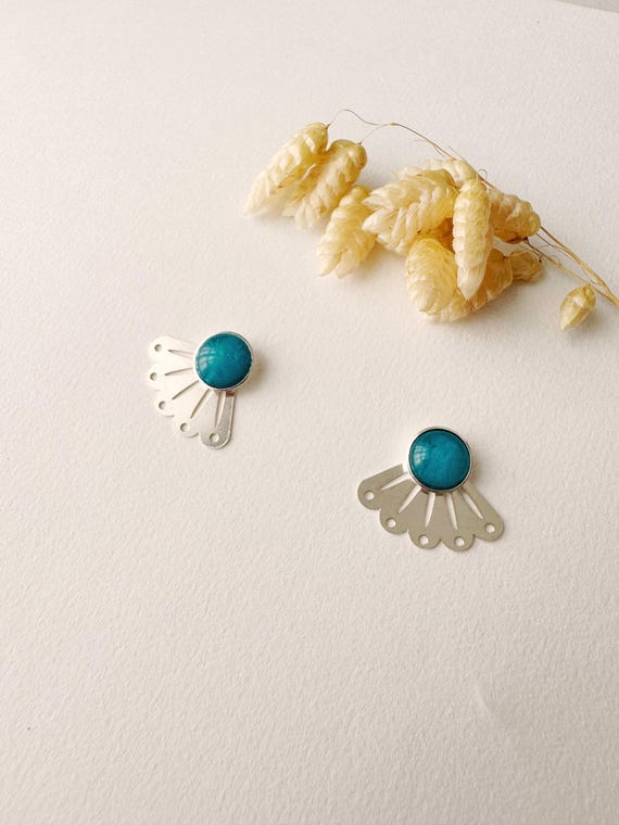 2-in-1 graphic turquoise blue stud earring, modular fan stud, minimalist, LOU model, blue and silver, fine silver