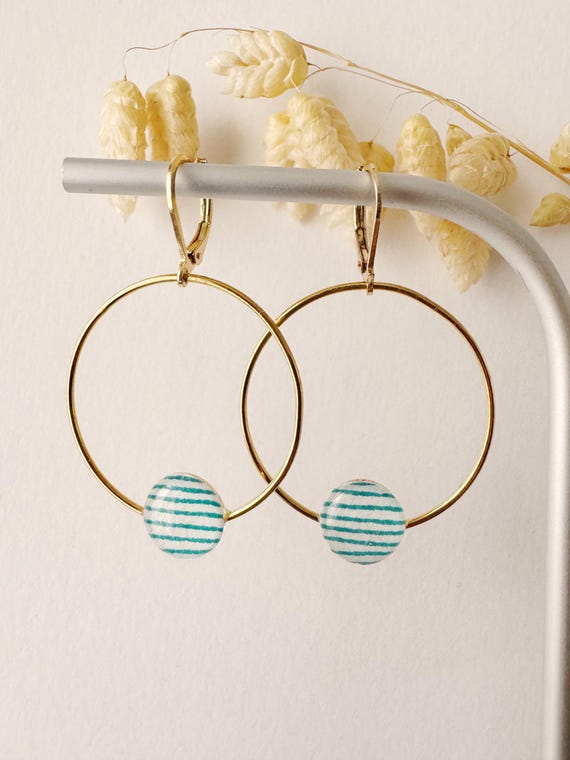 Round blue and white earring, JADE model, sailor stripe design, resin and floral Japanese paper, stainless steel hoop
