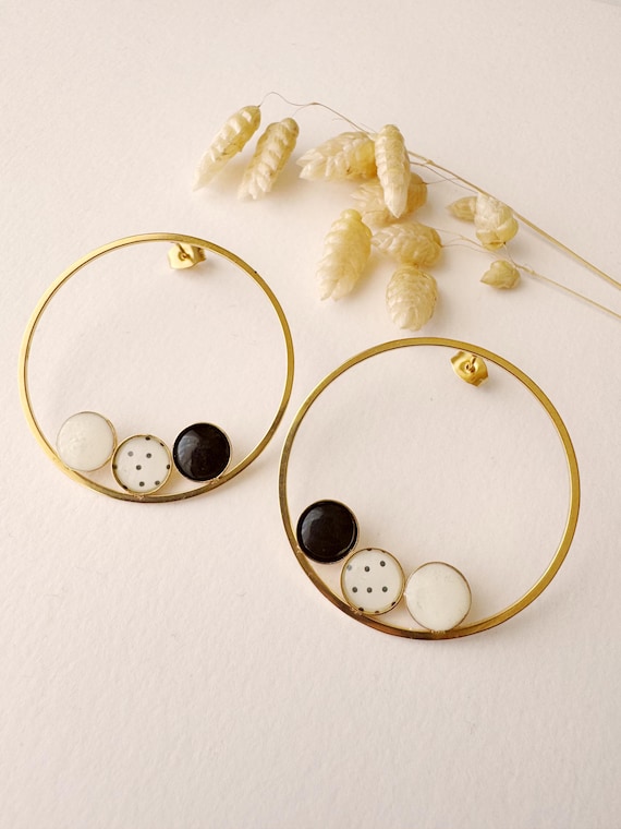 Graphic earring, original, art deco circle stud, NINA model, black white gold, stainless steel