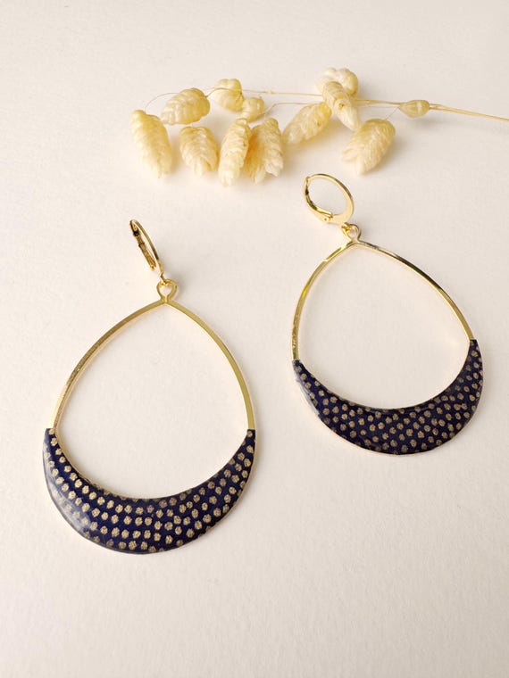 Navy blue earrings with gold polka dots, original hoop earrings, drop, boho, SALSA model, women's jewelry, 24k fine gold