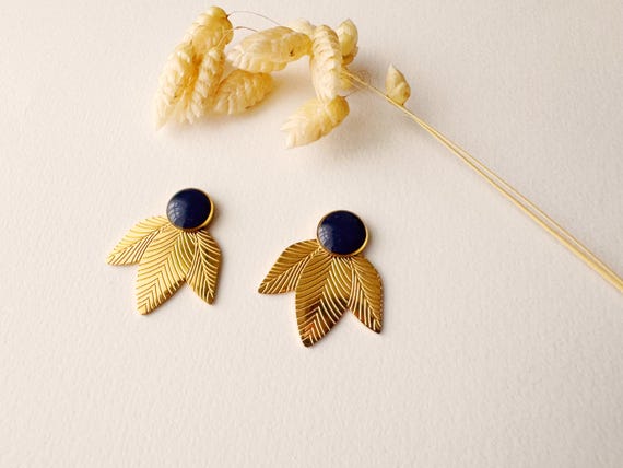 Navy blue earring, art deco leaf flower stud, LOTUS model, gold-plated stainless steel