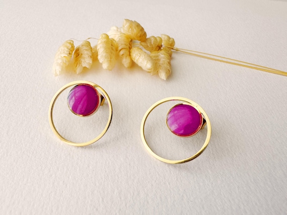 Graphic earring, violet purple, art deco circle stud, LUCE model, stainless steel