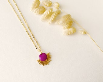 Purple choker necklace with sun pendant, fan, LYSA model, 24K fine gold creole, Christmas gift