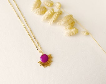 Collier ras de cou violet pendentif soleil, éventail, modèle LYSA, créole or fin 24K, cadeau noël