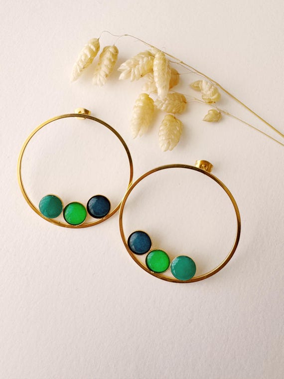 Graphic earring, original, art deco circle stud, NINA model, green petrol blue gold, stainless steel