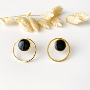 Graphic black earring, art deco circle stud, LUCE model, stainless steel image 2