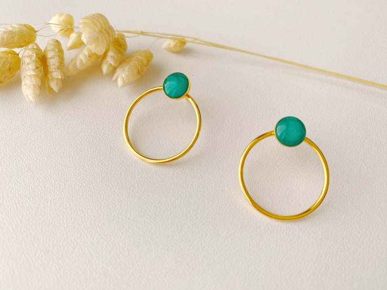 Minimalist graphic blue green earring, circle ring stud, EMY model, 24k fine gold image 8