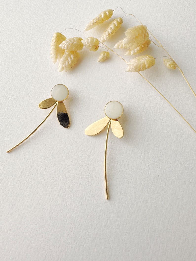 3 in 1 graphic white earring, modifiable flower stud, ZOE model, 24k fine gold image 6