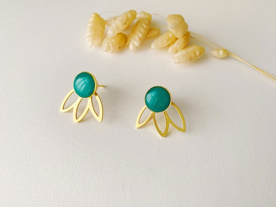 2 in 1 graphic blue green earring, modifiable petal fan stud, FLEUR model, gilded with 24k fine gold