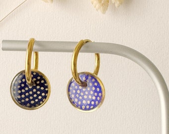3 in 1 colorful graphic earrings, editable hoop earrings, PIPA model, stainless steel, gold polka dots, midnight blue and overseas blue