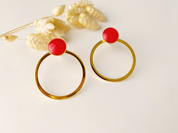 3 in 1 graphic red earring, editable circle stud, OLY model, 24k fine gold and stainless steel