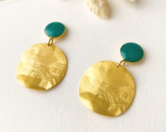 Green blue and matte gold hammered dangling and original earring, AMY model, 24K fine gold