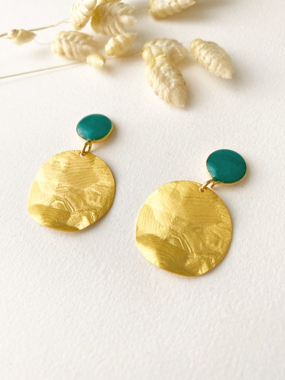 AMY original pendant round earring, green blue, pendant, 24k fine gold, France, women's jewelry, gift, matte gold, crumpled, hammered