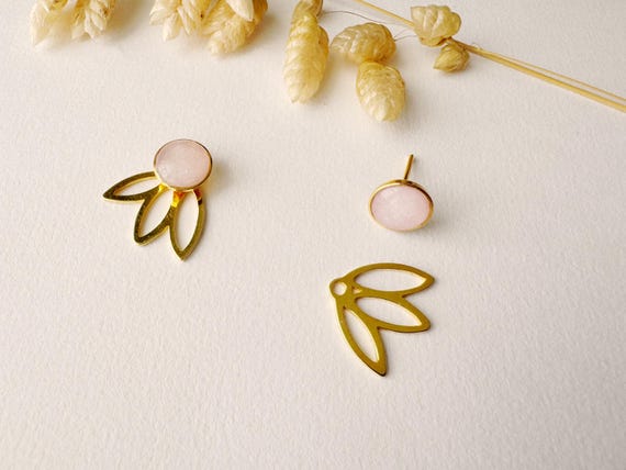 Graphic pink 3-in-1 stud earrings with customizable petal fan design, FLOWER model, 24k gold plated