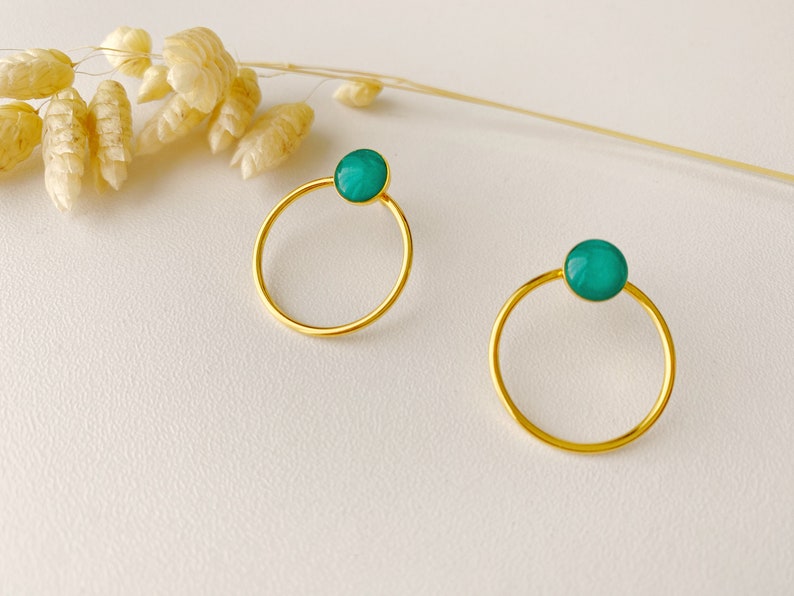 Minimalist graphic blue green earring, circle ring stud, EMY model, 24k fine gold image 5