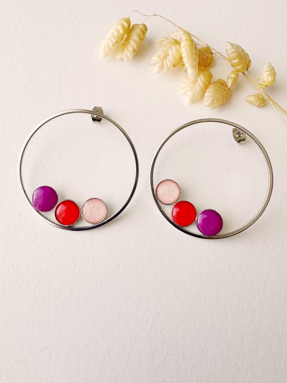 Graphic, original, art deco circle stud earring, NINA model, violet, red, pink, silver, silver, stainless steel