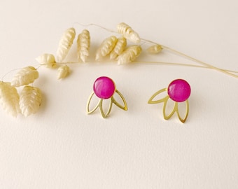 Boucles d'oreilles rose fushia graphique 3 en 1, clou puce éventail pétale modifiable , modèle FLEUR, doré à l’or fin 24k