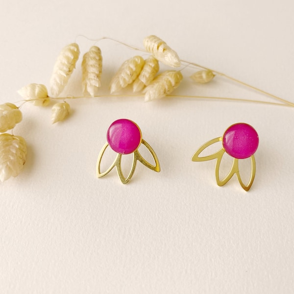 Boucles d'oreilles rose fushia graphique 3 en 1, clou puce éventail pétale modifiable , modèle FLEUR, doré à l’or fin 24k