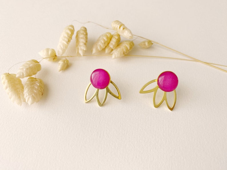 3 in 1 graphic fuchsia pink earrings, editable petal fan stud, FLEUR model, gilded with 24k fine gold image 1