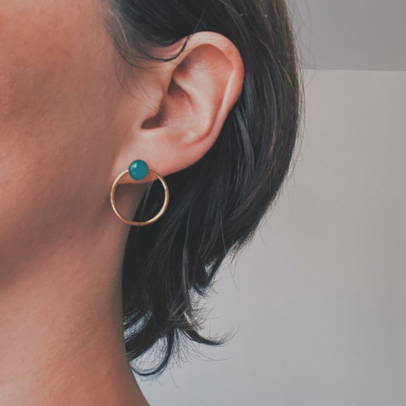 Minimalist graphic blue green earring, circle ring stud, EMY model, 24k fine gold image 3