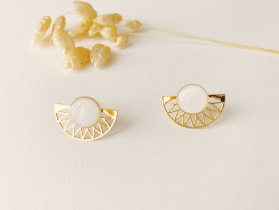 2-in-1 graphic white earring, modifiable fan stud, LILI model, 24k fine gold