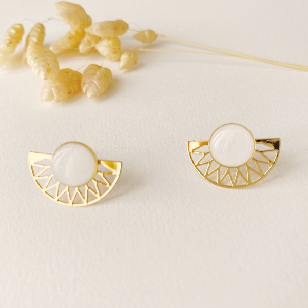 2 in 1 graphic white earring, modifiable fan stud, LILI model, 24k fine gold