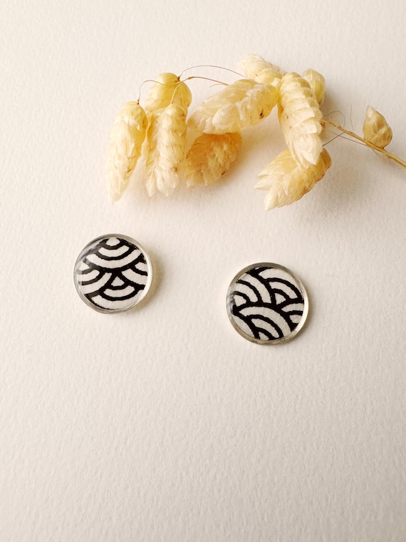 Round black stud earrings, heart stud, MIYAKO model, gilded with 24k fine gold