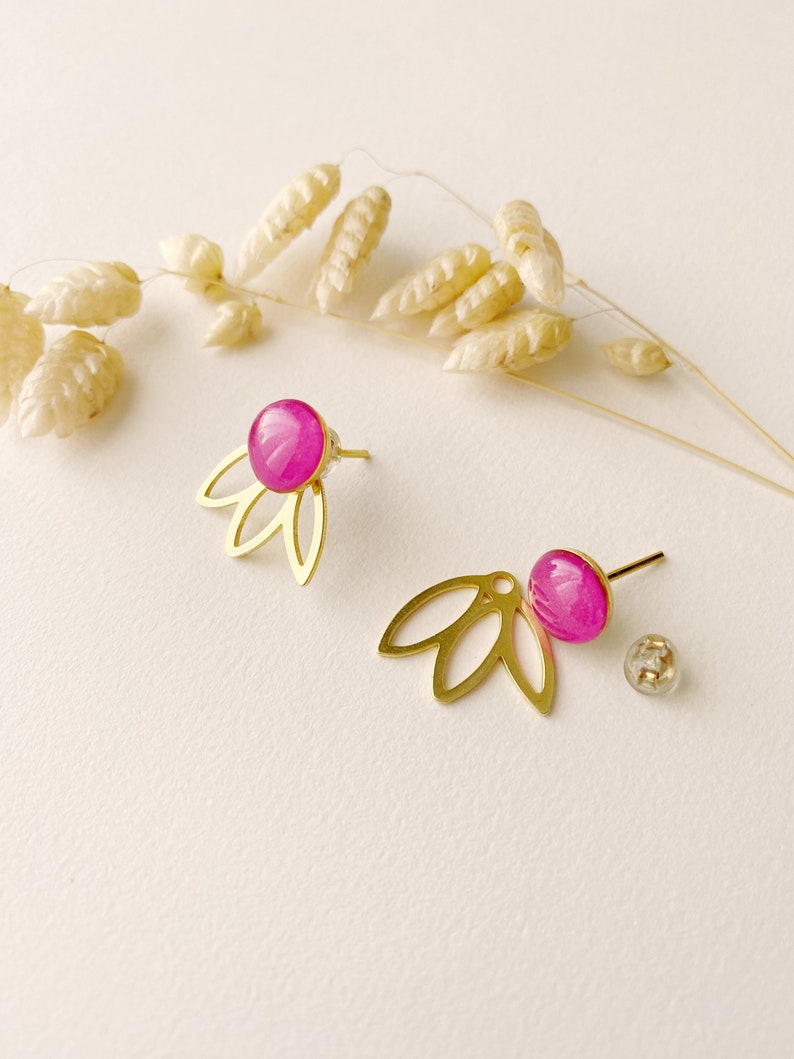 3 in 1 graphic fuchsia pink earrings, editable petal fan stud, FLEUR model, gilded with 24k fine gold image 7