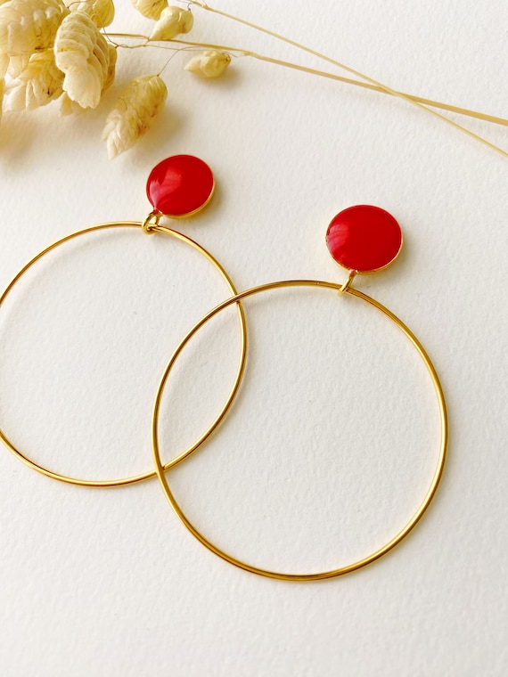 Red and gold dangling and original earring, ROSE model, 24K fine gold