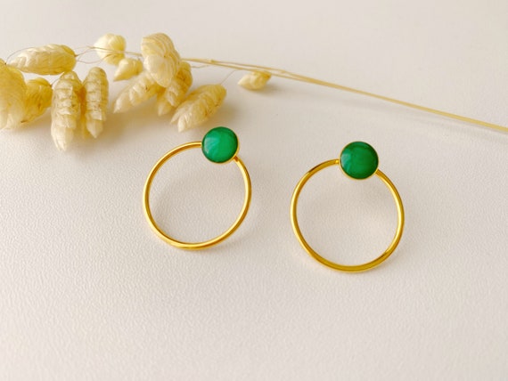 Minimalist graphic green earring, circle ring stud, EMY model, 24k fine gold