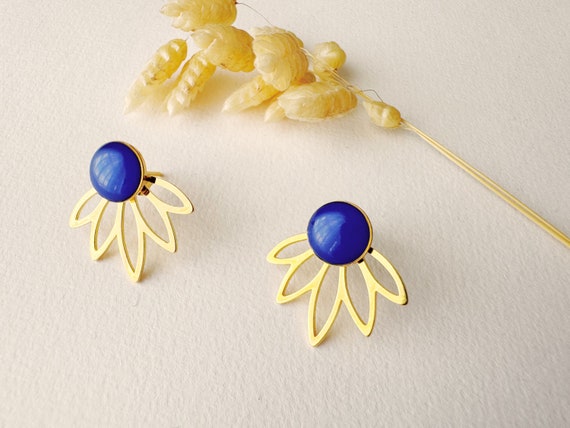3 in 1 graphic royal blue earrings, editable petal fan stud, LOTUS model, lapis lazuli blue, gilded with 24k fine gold