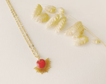 Collier ras de cou rose corail pendentif soleil, éventail, modèle LYSA, créole or fin 24K, cadeau noël