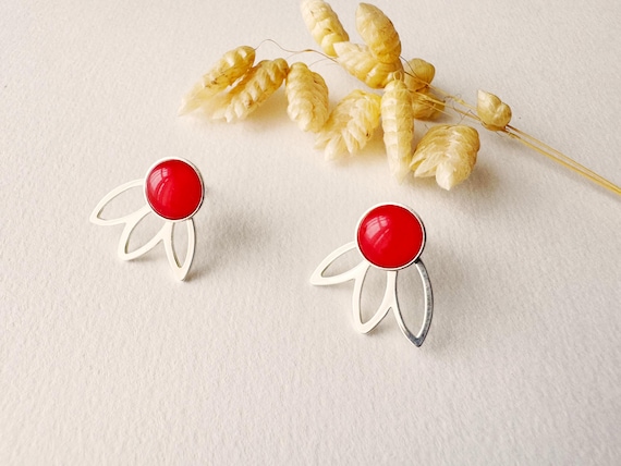 2 in 1 graphic red earring, modifiable fan stud, FLEUR model, 925 silver